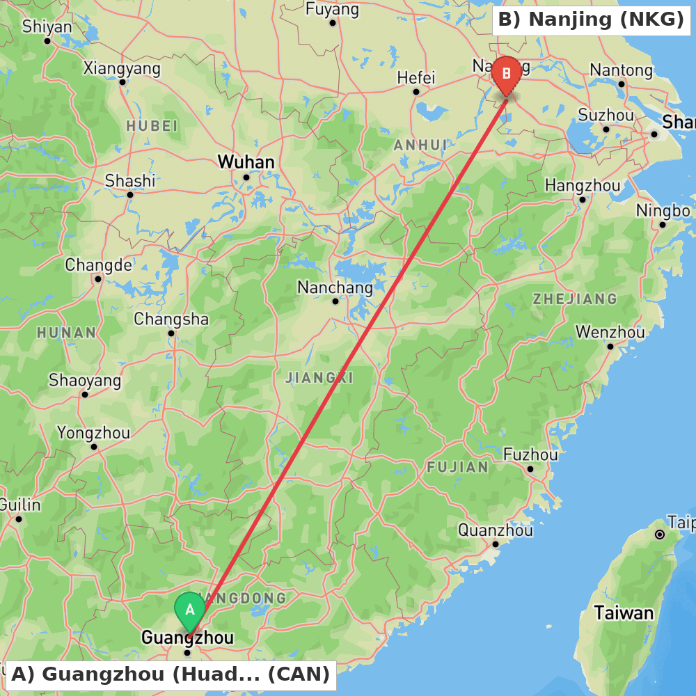 Flight route map from Guangzhou (Huadu) to Nanjing