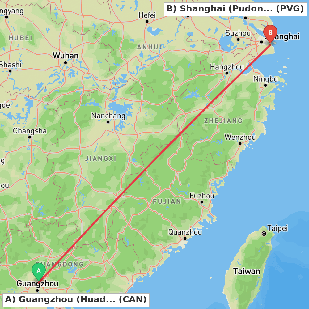 Flight route map from Guangzhou (Huadu) to Shanghai (Pudong)