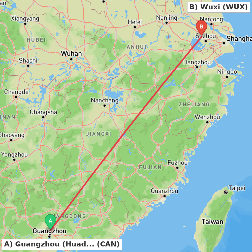 Flight route map from Guangzhou (Huadu) to Wuxi