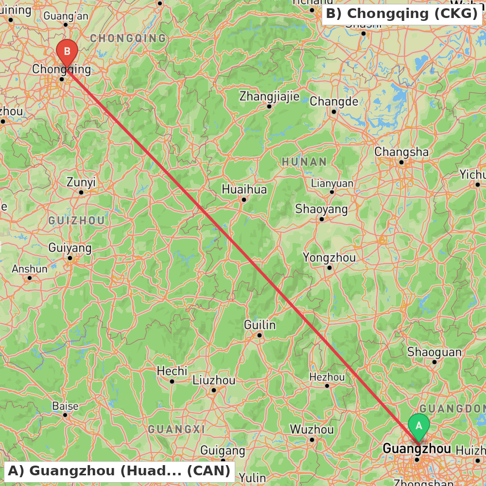 Flight route map from Guangzhou (Huadu) to Chongqing