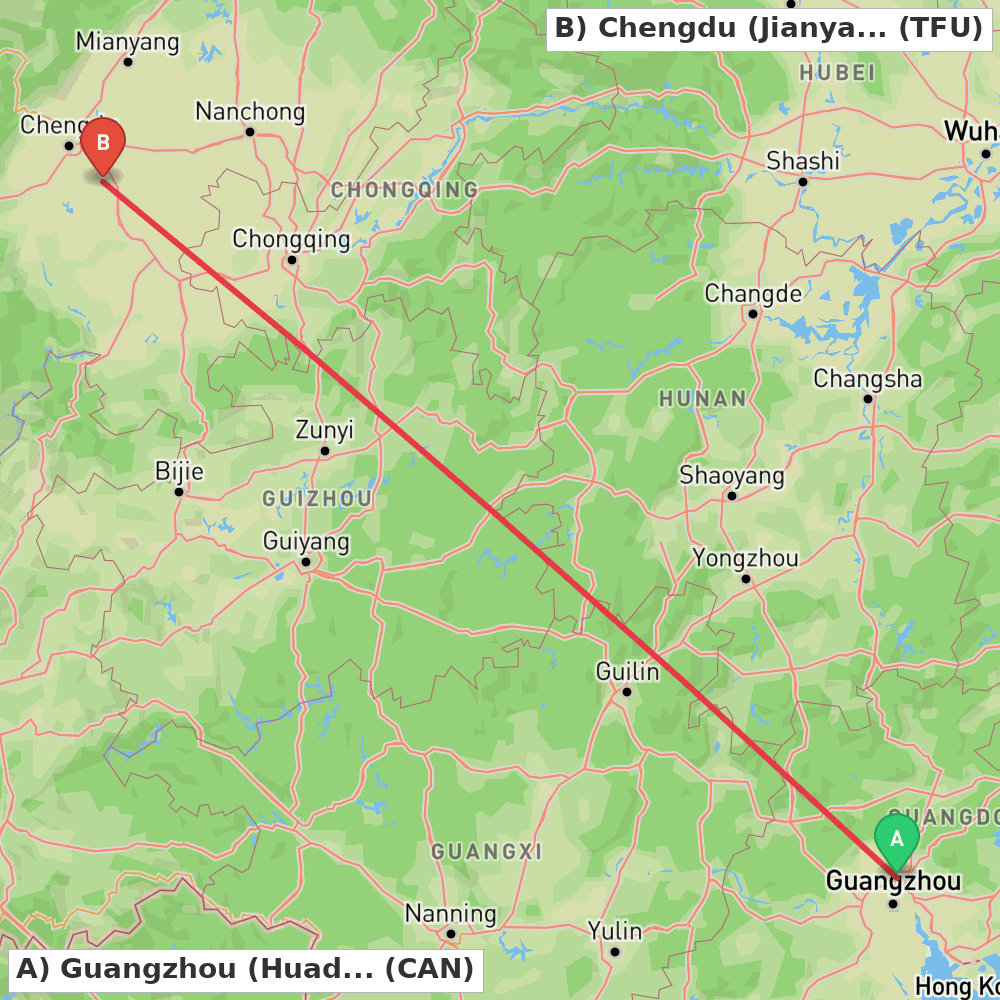 Flight route map from Guangzhou (Huadu) to Chengdu (Jianyang)