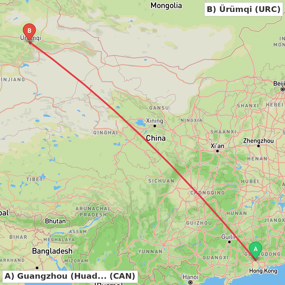 Flight route map from Guangzhou (Huadu) to Ürümqi