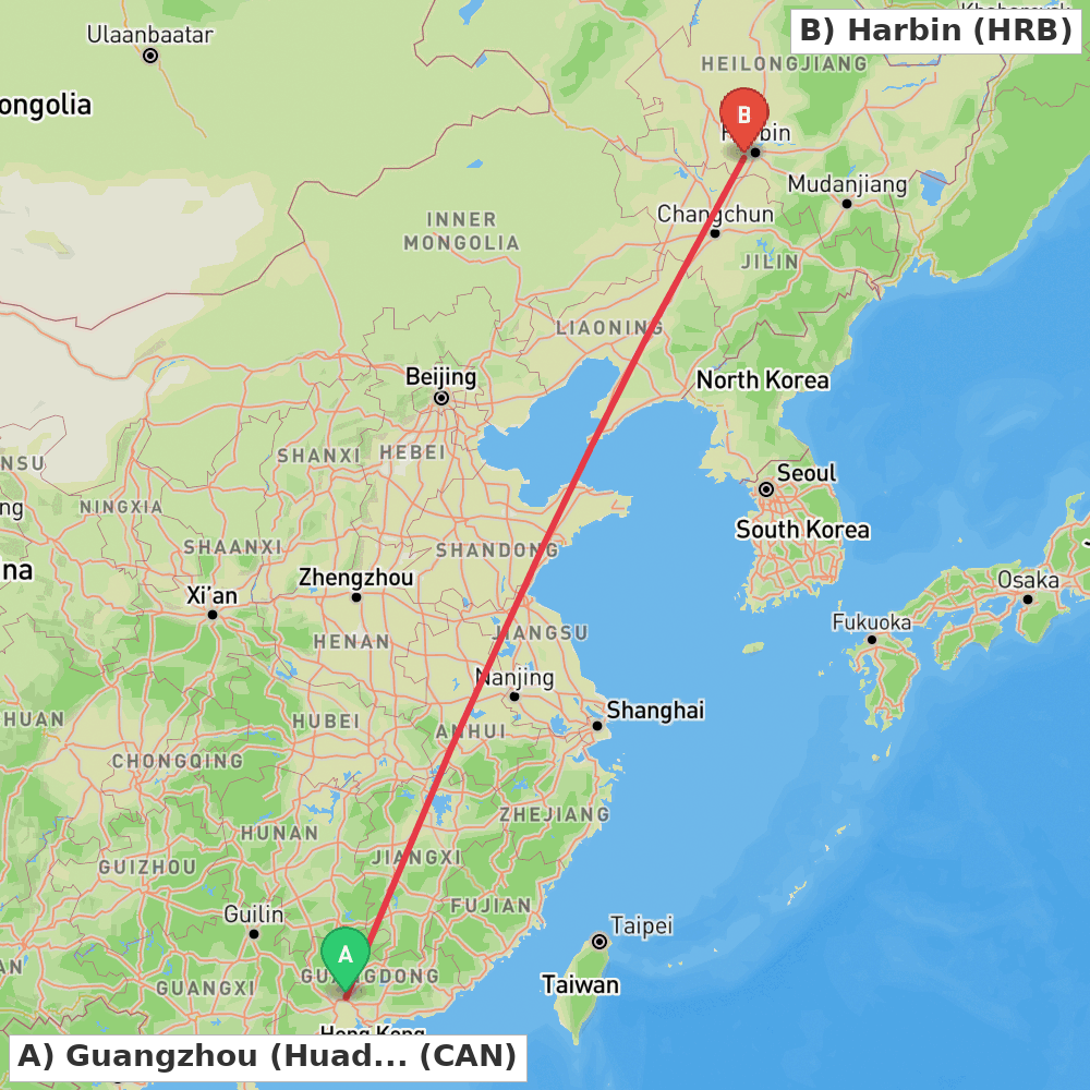 Flight route map from Guangzhou (Huadu) to Harbin