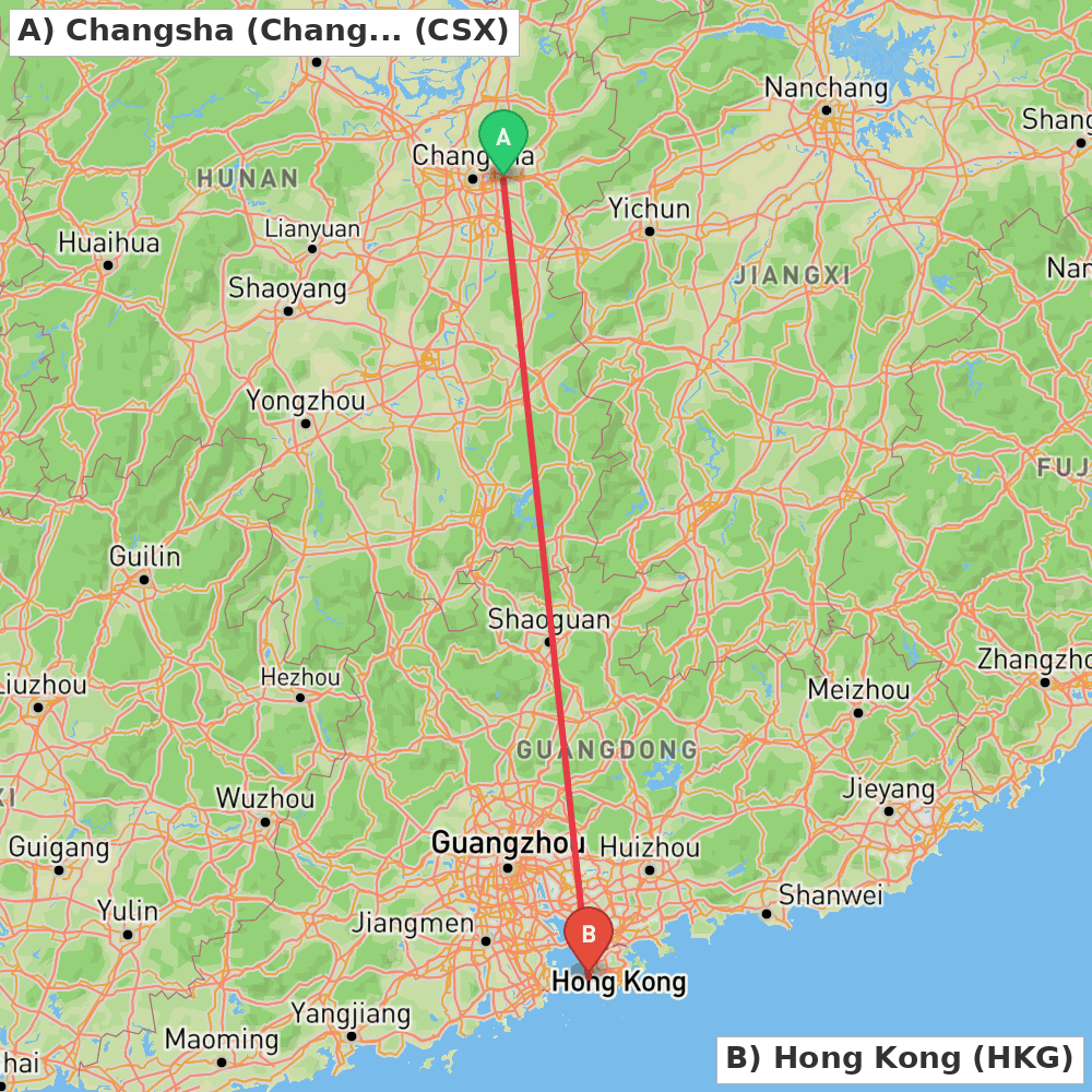 Flight route map from Changsha (Changsha) to Hong Kong