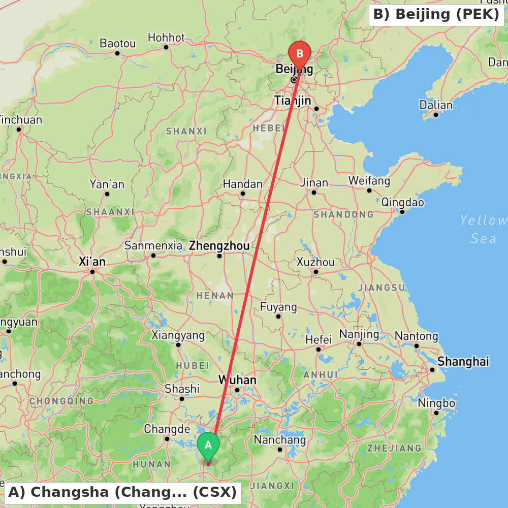 Flight route map from Changsha (Changsha) to Beijing