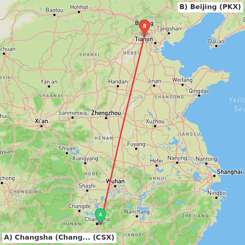 Flight route map from Changsha (Changsha) to Beijing