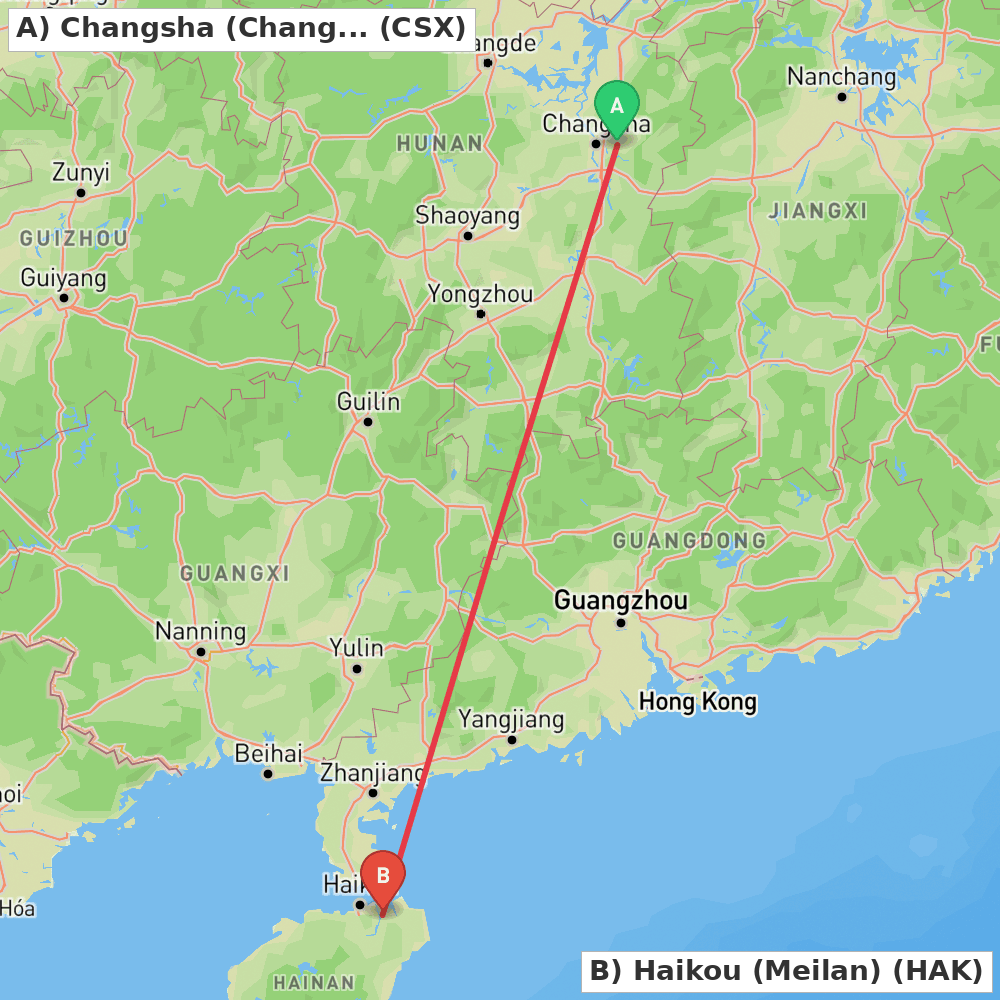 Flight route map from Changsha (Changsha) to Haikou (Meilan)