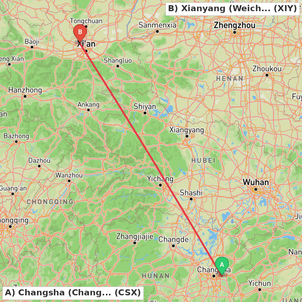 Flight route map from Changsha (Changsha) to Xianyang (Weicheng)