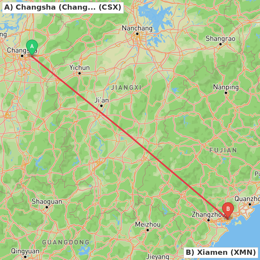 Flight route map from Changsha (Changsha) to Xiamen