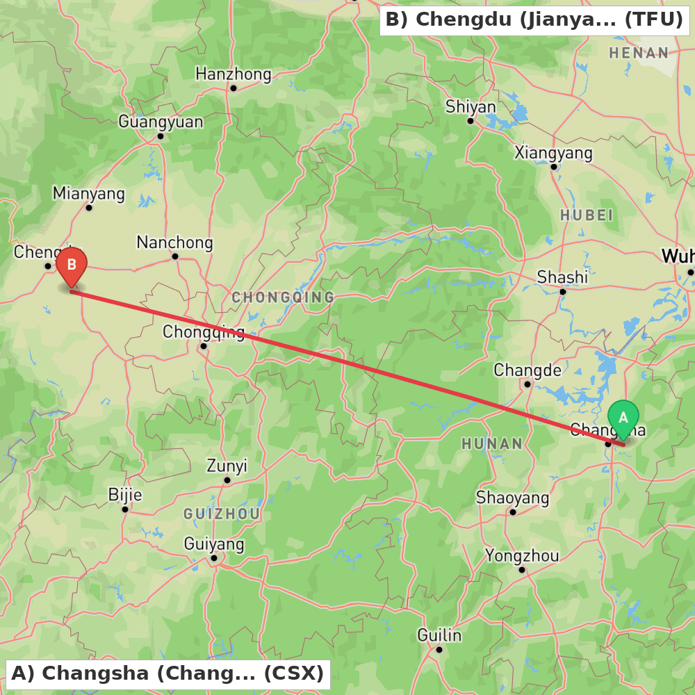 Flight route map from Changsha (Changsha) to Chengdu (Jianyang)