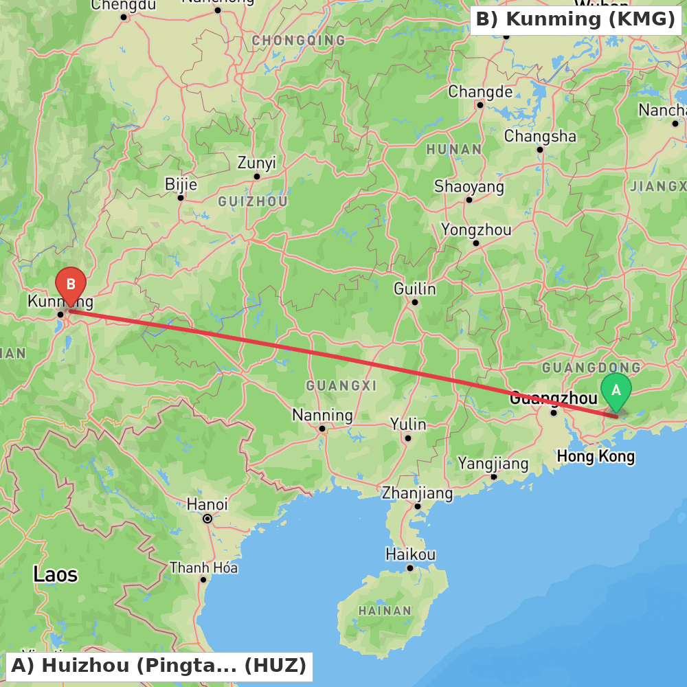 Flight route map from Huizhou (Pingtan) to Kunming