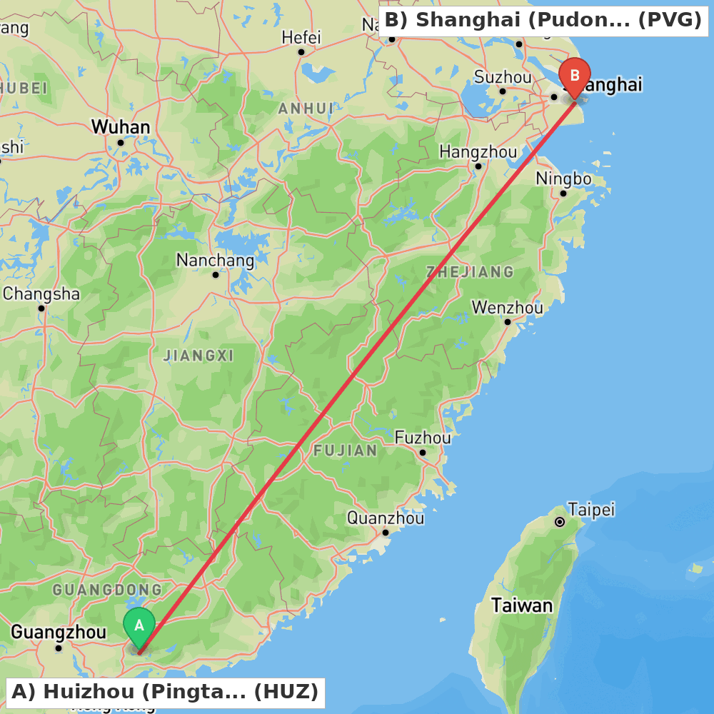 Flight route map from Huizhou (Pingtan) to Shanghai (Pudong)