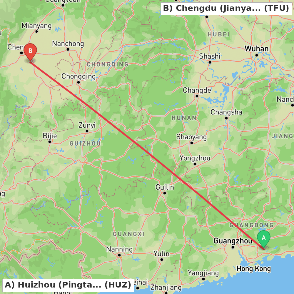 Flight route map from Huizhou (Pingtan) to Chengdu (Jianyang)