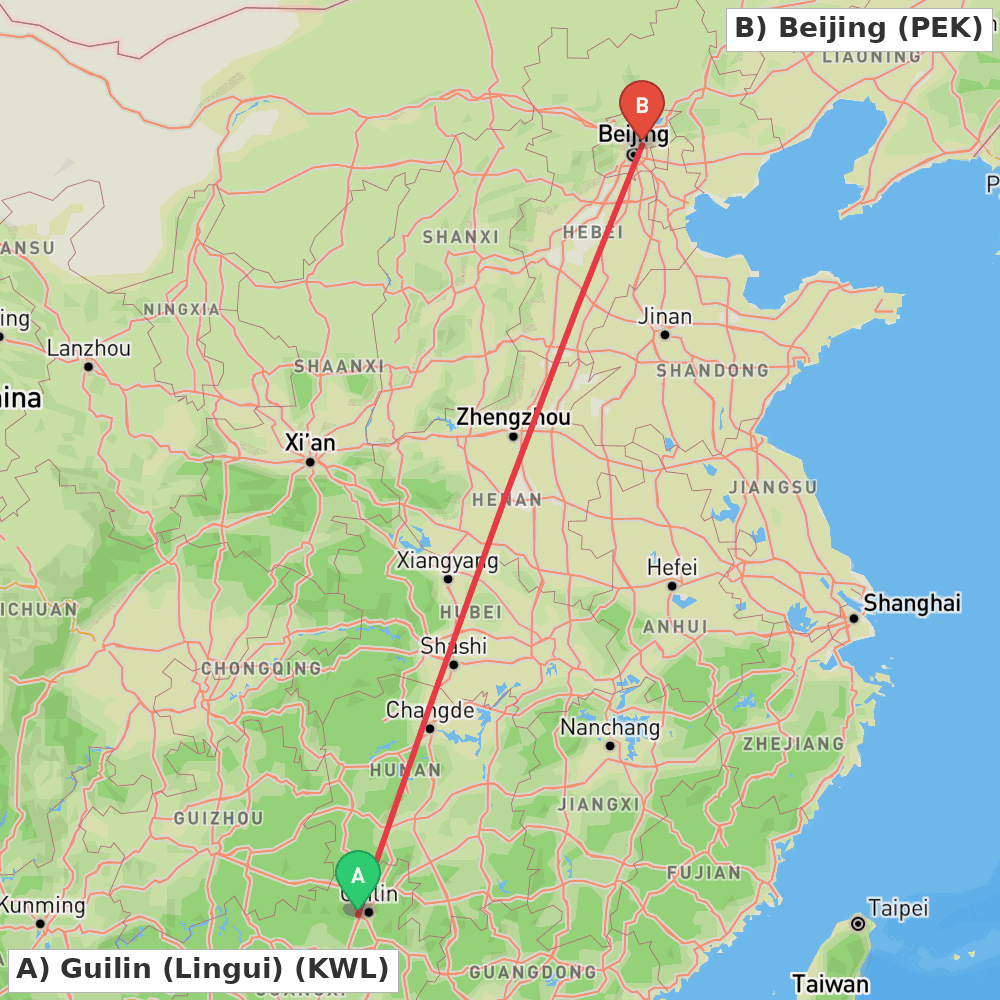 Flight route map from Guilin (Lingui) to Beijing