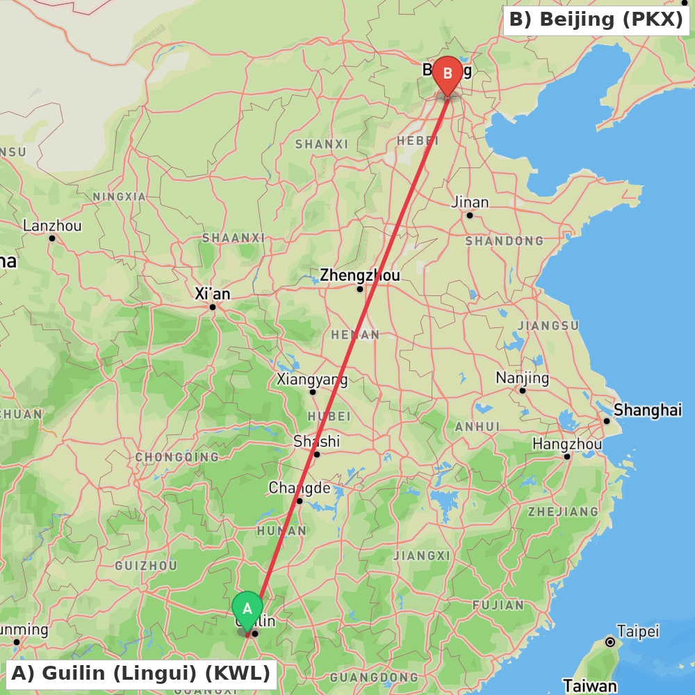 Flight route map from Guilin (Lingui) to Beijing