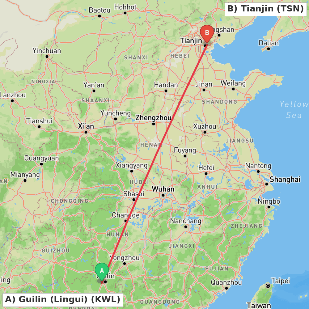 Flight route map from Guilin (Lingui) to Tianjin