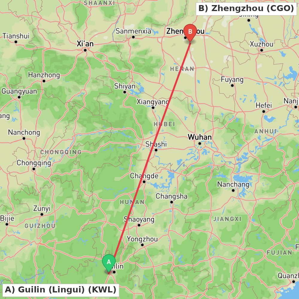 Flight route map from Guilin (Lingui) to Zhengzhou