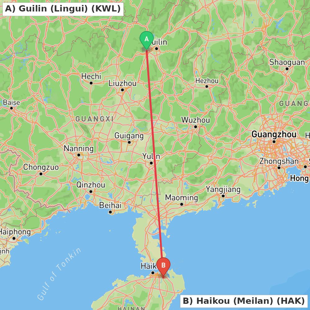 Flight route map from Guilin (Lingui) to Haikou (Meilan)
