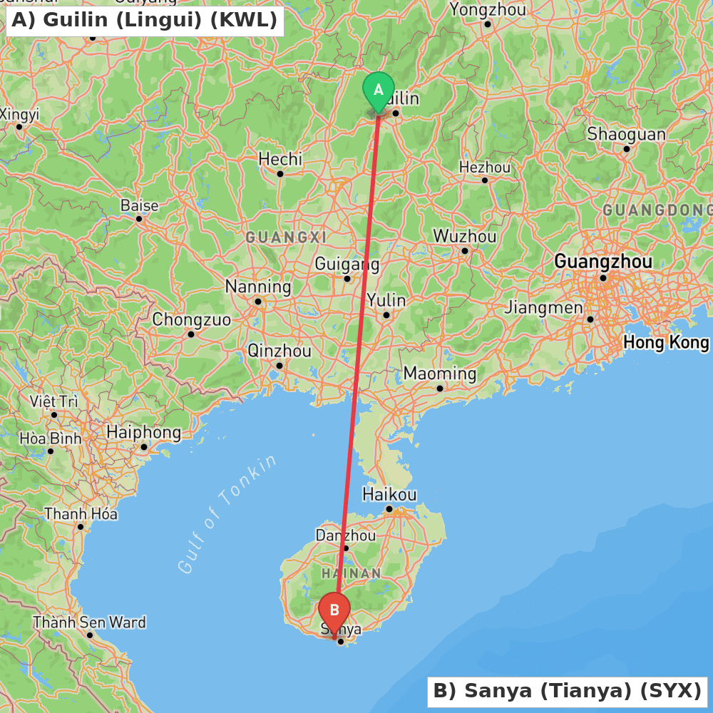 Flight route map from Guilin (Lingui) to Sanya (Tianya)