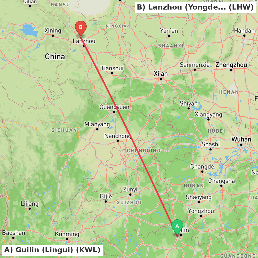 Flight route map from Guilin (Lingui) to Lanzhou (Yongdeng)