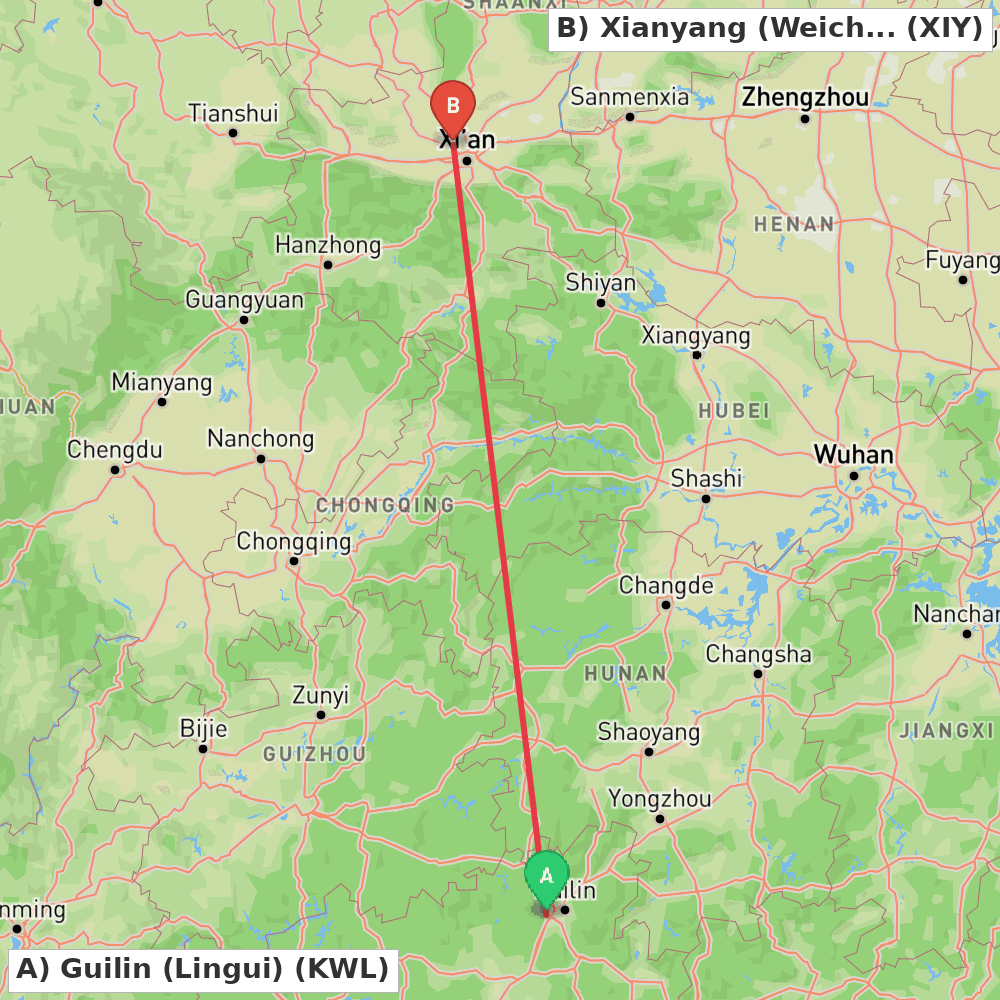 Flight route map from Guilin (Lingui) to Xianyang (Weicheng)