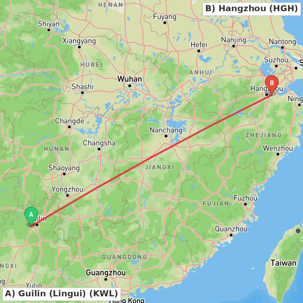 Flight route map from Guilin (Lingui) to Hangzhou