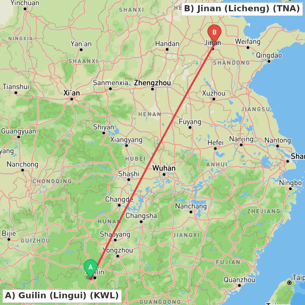 Flight route map from Guilin (Lingui) to Jinan (Licheng)