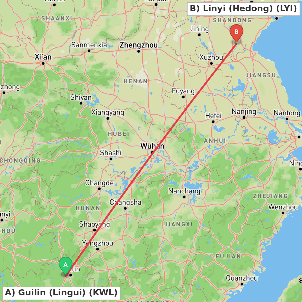Flight route map from Guilin (Lingui) to Linyi (Hedong)