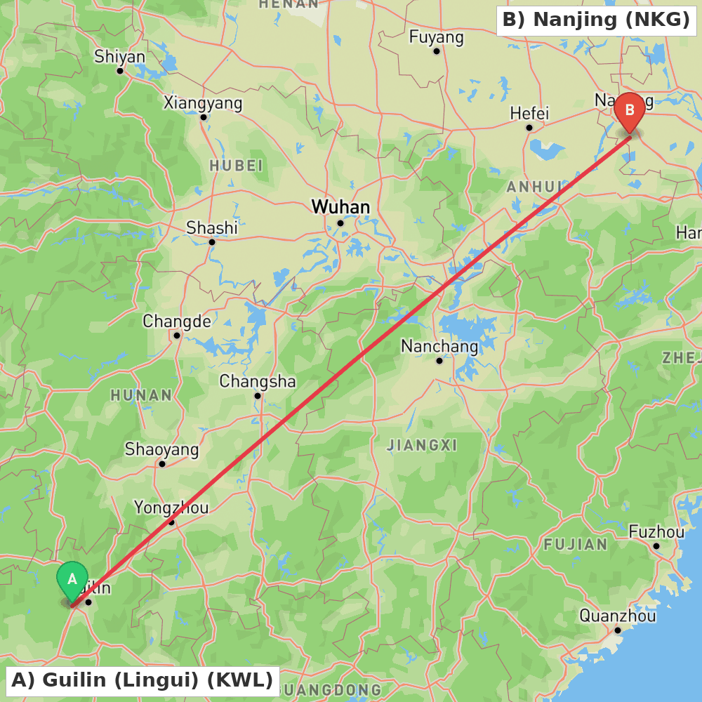 Flight route map from Guilin (Lingui) to Nanjing