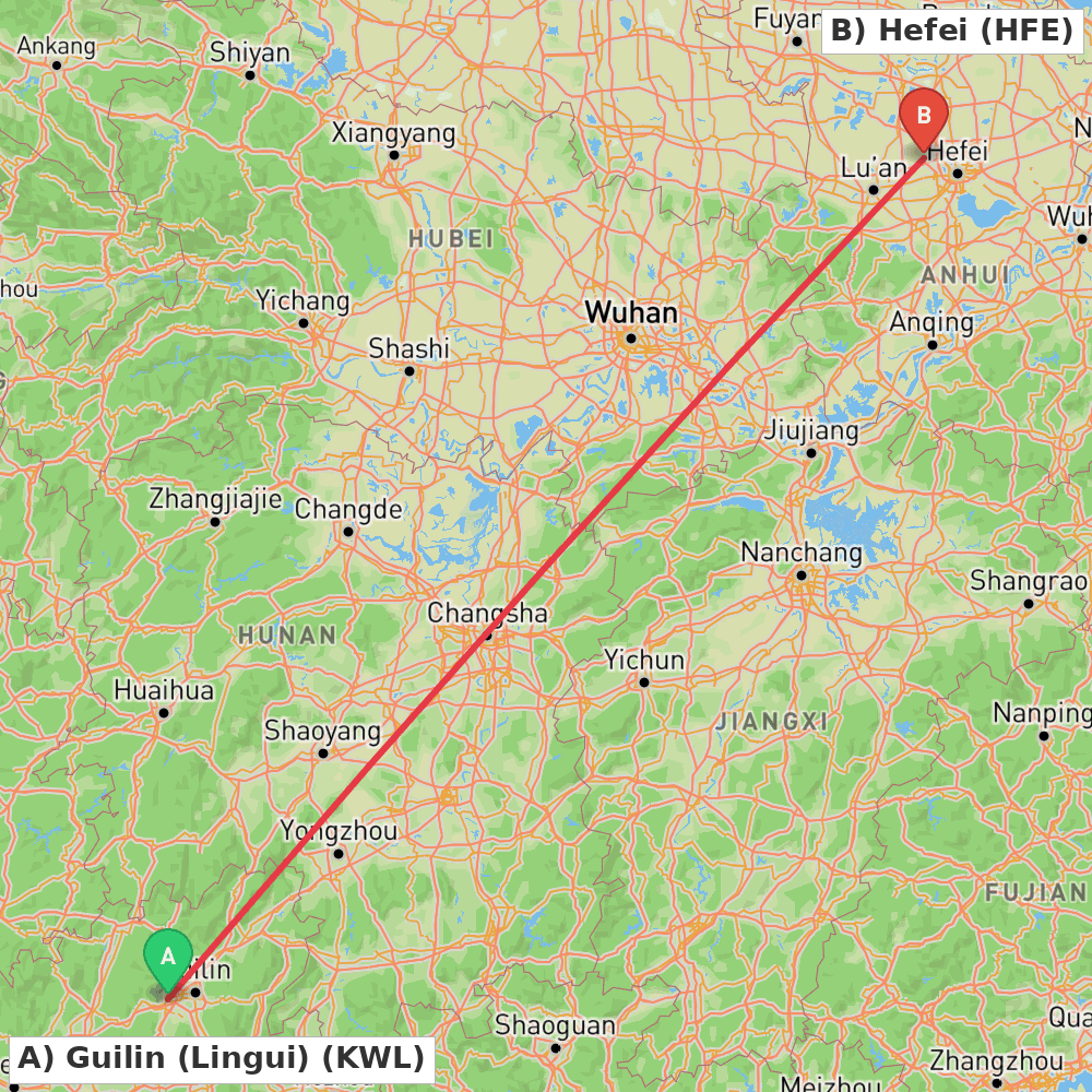 Flight route map from Guilin (Lingui) to Hefei