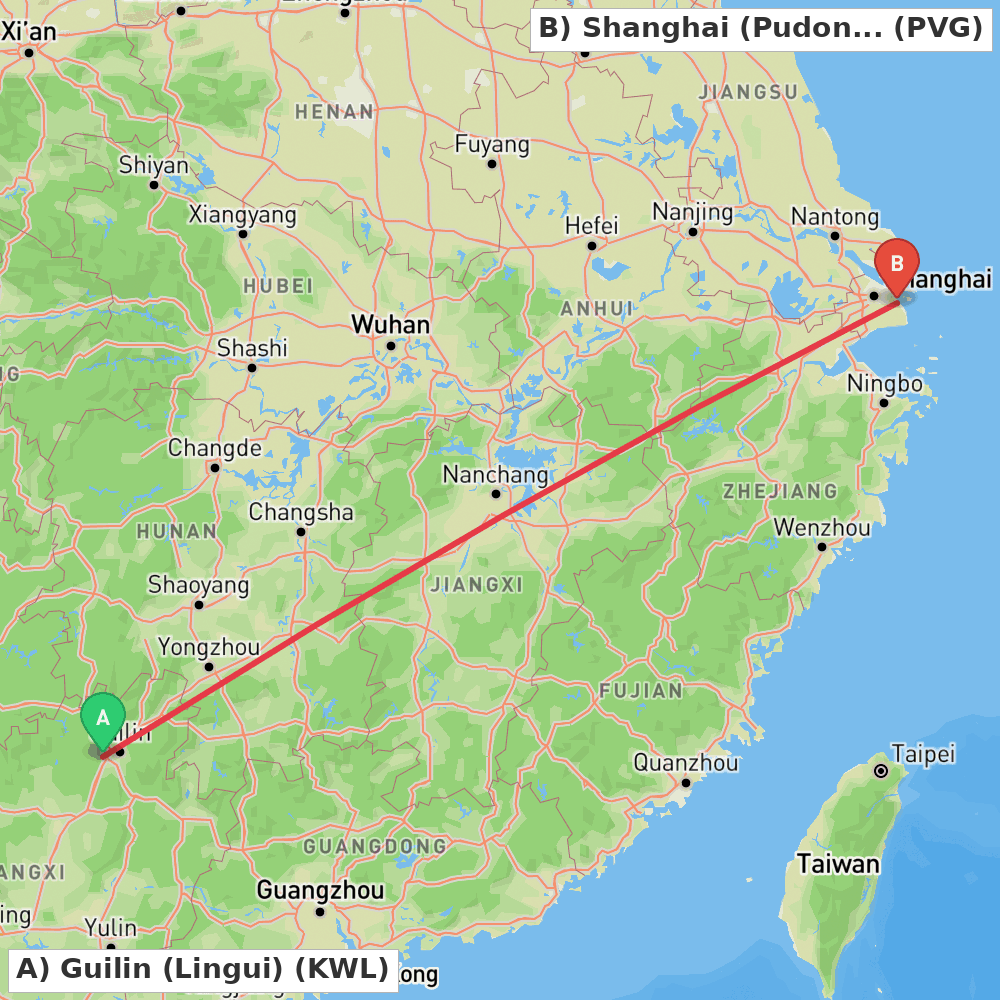 Flight route map from Guilin (Lingui) to Shanghai (Pudong)