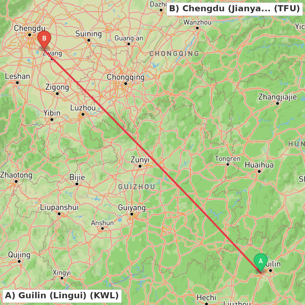 Flight route map from Guilin (Lingui) to Chengdu (Jianyang)