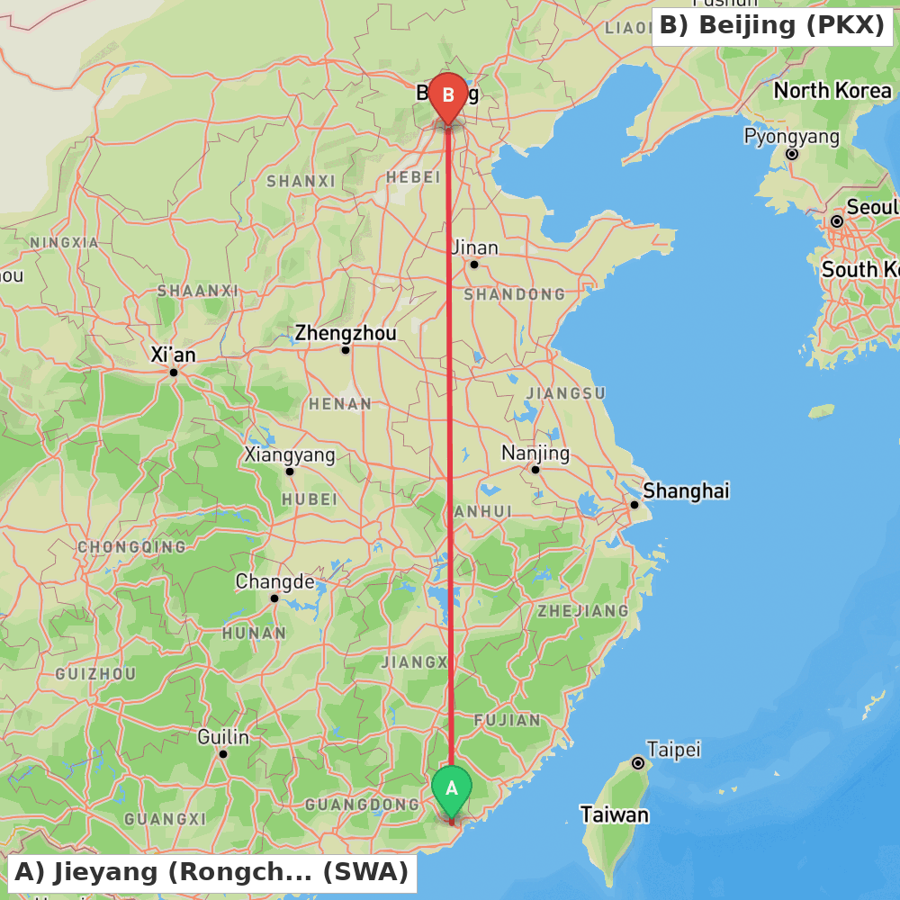 Flight route map from Jieyang (Rongcheng) to Beijing