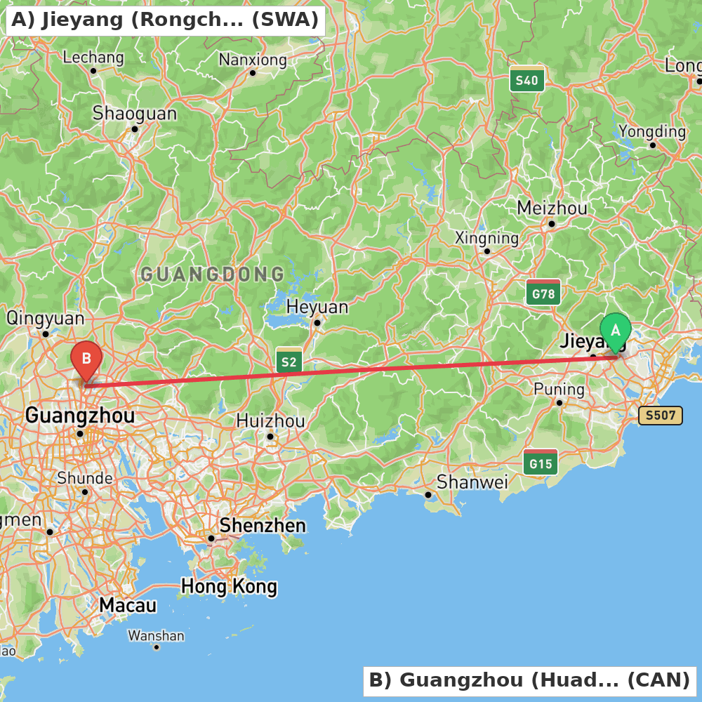 Flight route map from Jieyang (Rongcheng) to Guangzhou (Huadu)