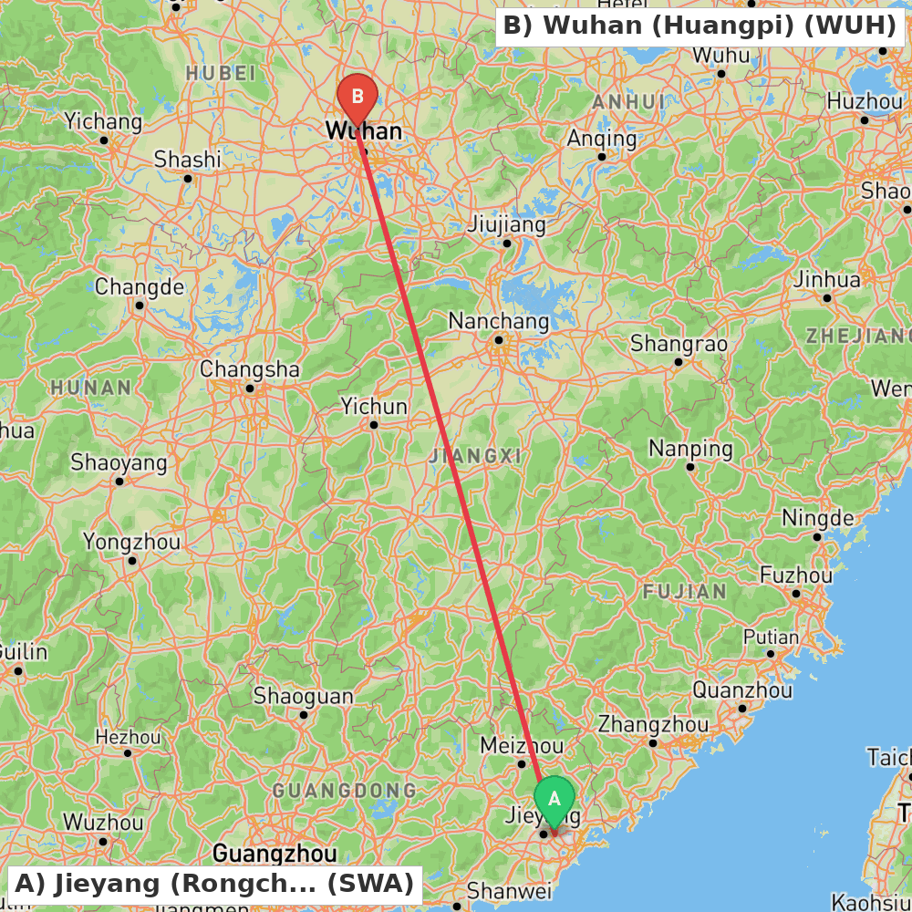 Flight route map from Jieyang (Rongcheng) to Wuhan (Huangpi)