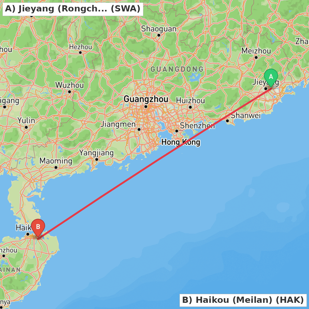 Flight route map from Jieyang (Rongcheng) to Haikou (Meilan)