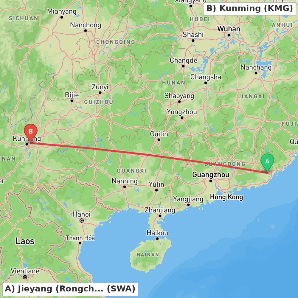 Flight route map from Jieyang (Rongcheng) to Kunming