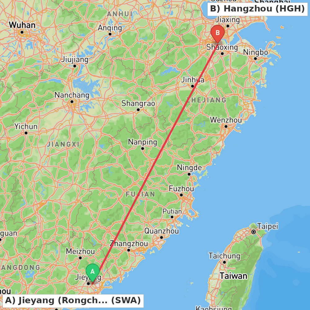 Flight route map from Jieyang (Rongcheng) to Hangzhou