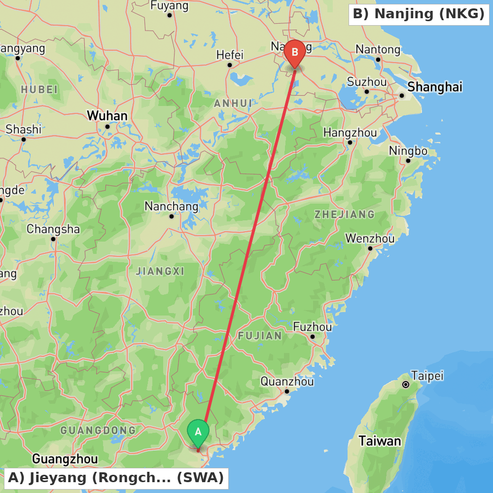 Flight route map from Jieyang (Rongcheng) to Nanjing