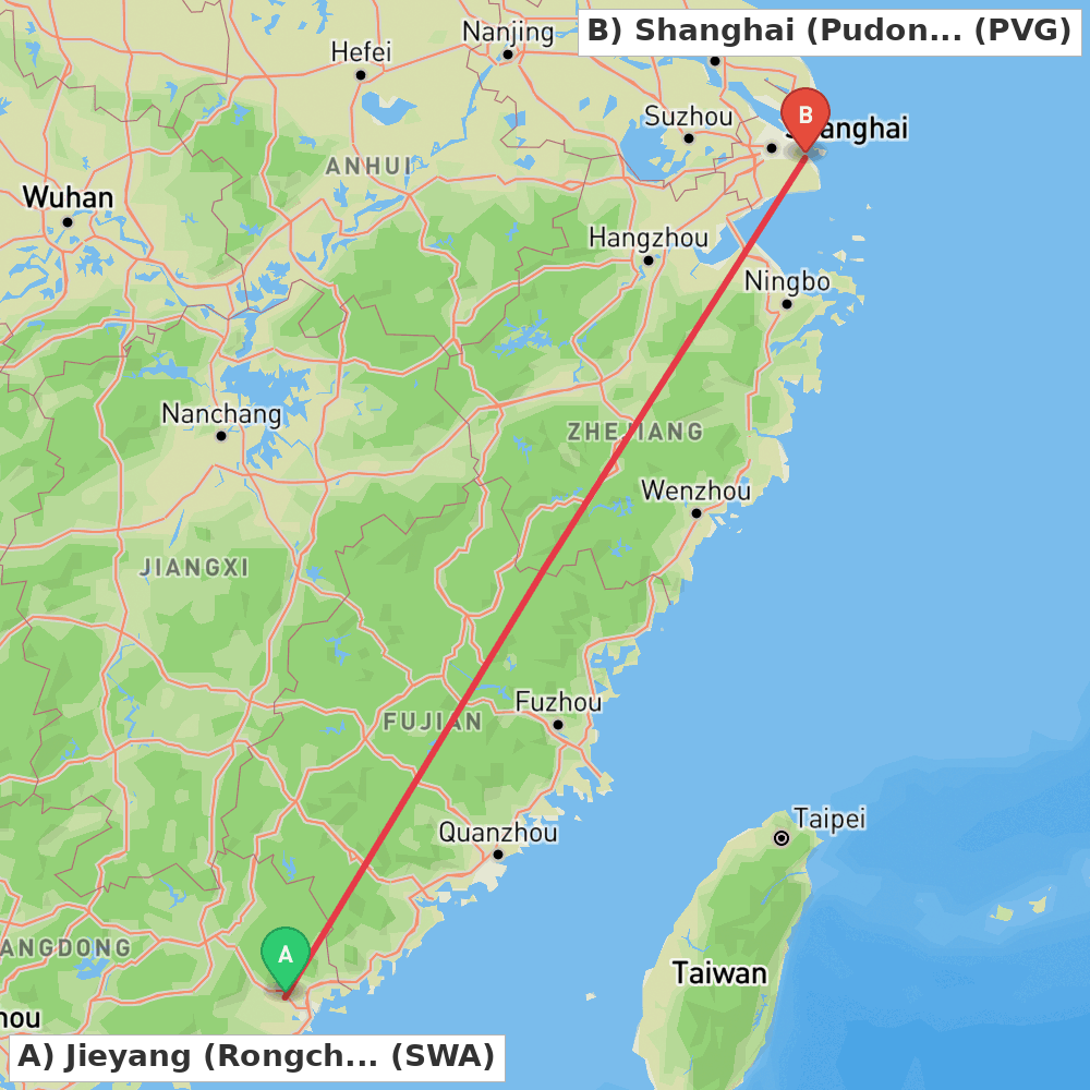 Flight route map from Jieyang (Rongcheng) to Shanghai (Pudong)