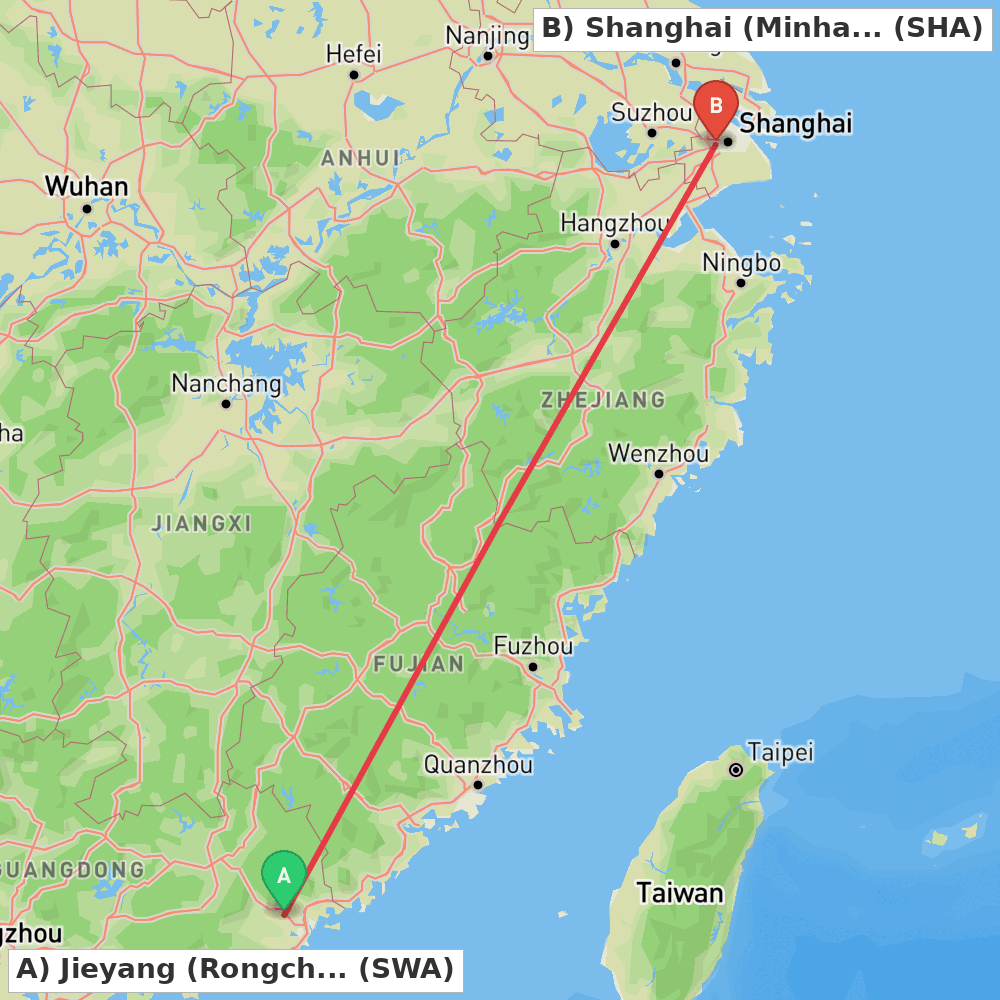 Flight route map from Jieyang (Rongcheng) to Shanghai (Minhang)