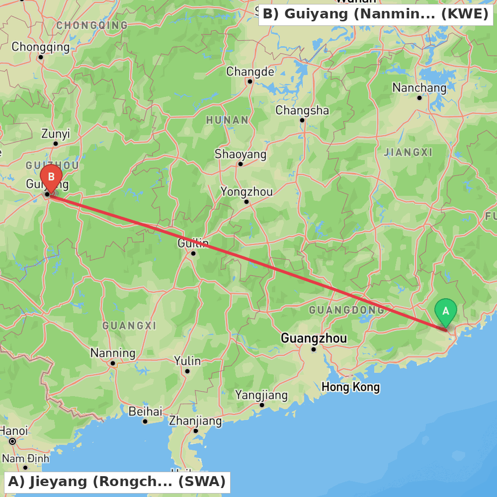 Flight route map from Jieyang (Rongcheng) to Guiyang (Nanming)