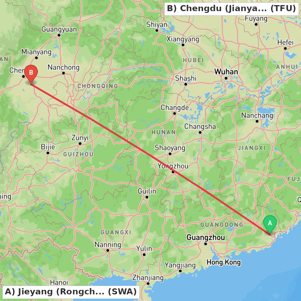 Flight route map from Jieyang (Rongcheng) to Chengdu (Jianyang)