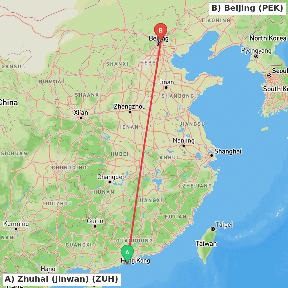 Flight route map from Zhuhai (Jinwan) to Beijing