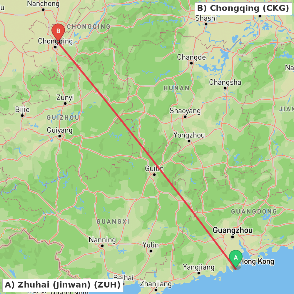 Flight route map from Zhuhai (Jinwan) to Chongqing