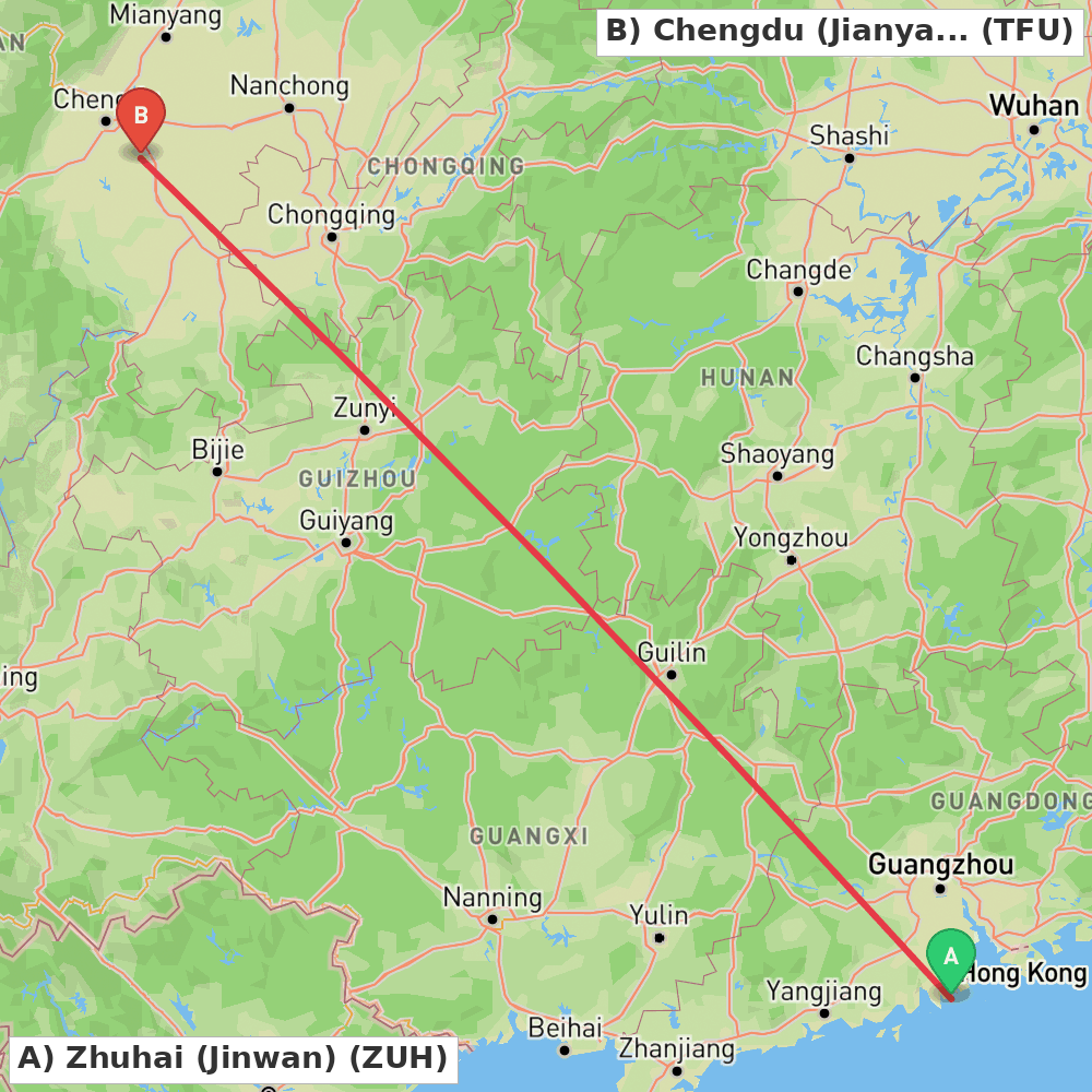 Flight route map from Zhuhai (Jinwan) to Chengdu (Jianyang)