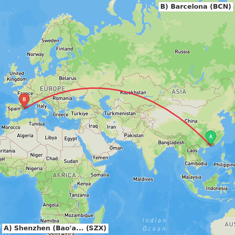 Flight route map from Shenzhen (Bao'an) to Barcelona