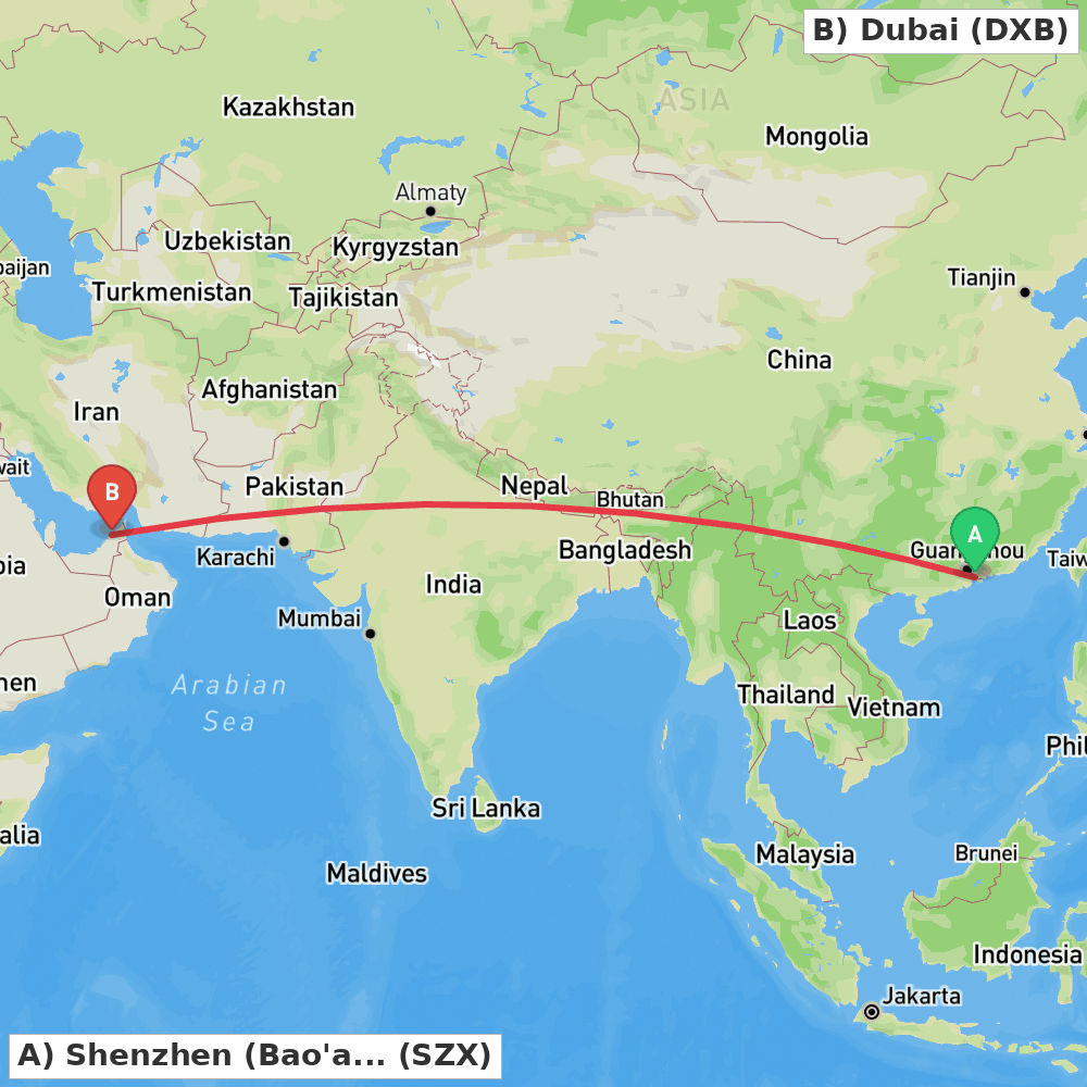 Flight route map from Shenzhen (Bao'an) to Dubai