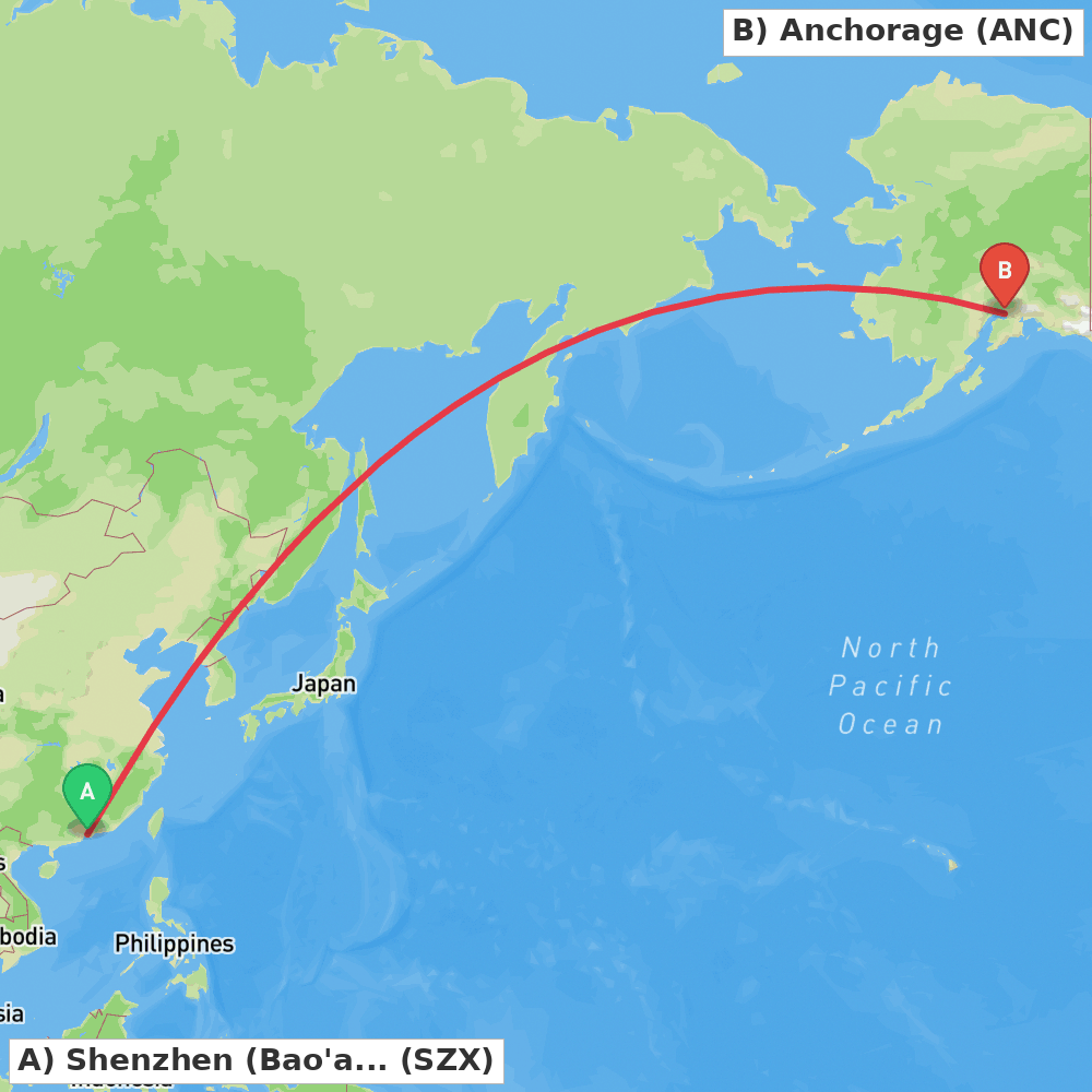 Flight route map from Shenzhen (Bao'an) to Anchorage