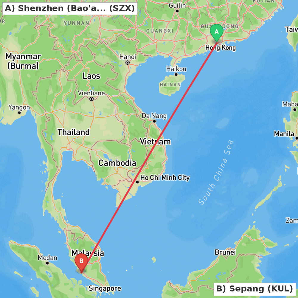 Flight route map from Shenzhen (Bao'an) to Sepang